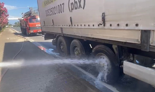 Tırın balatalarından çıkan dumana yangın tüpüyle müdahale etti